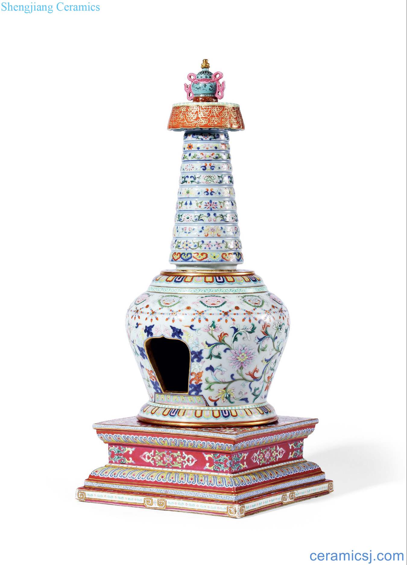 Qing qianlong porcelain enamel branch floral print pagoda