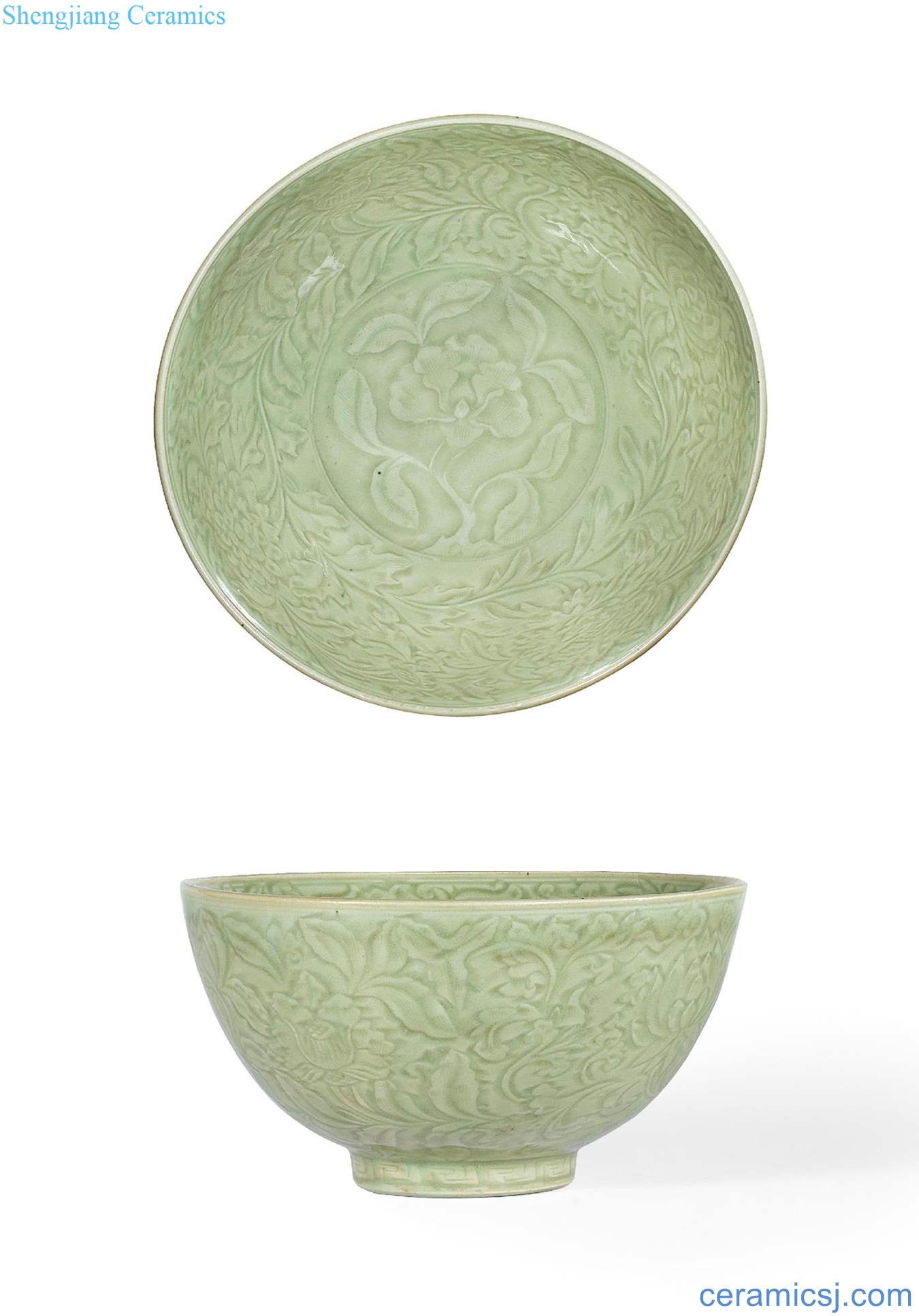 Early Ming dynasty Longquan celadon green glazed carved four seasons flower green-splashed bowls