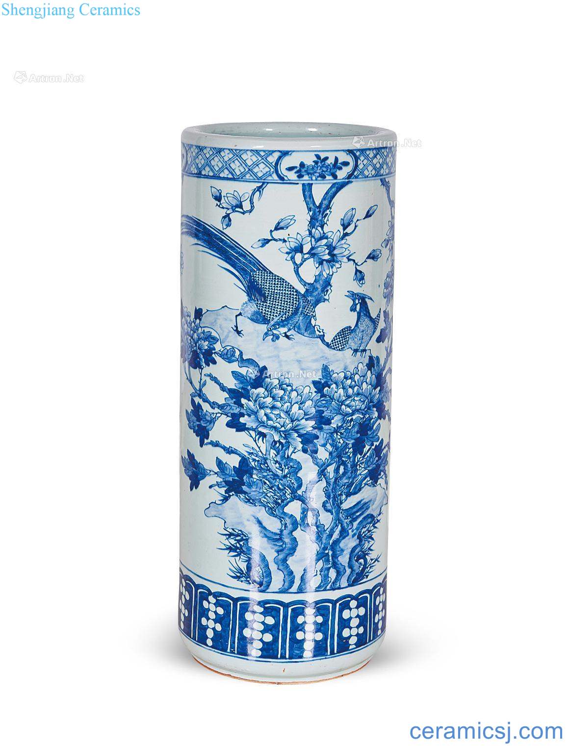 qing Blue and white flower and-bird painting cylinder