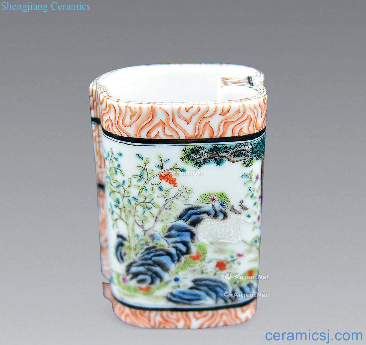 Qing three sheep grain roll shape pen container