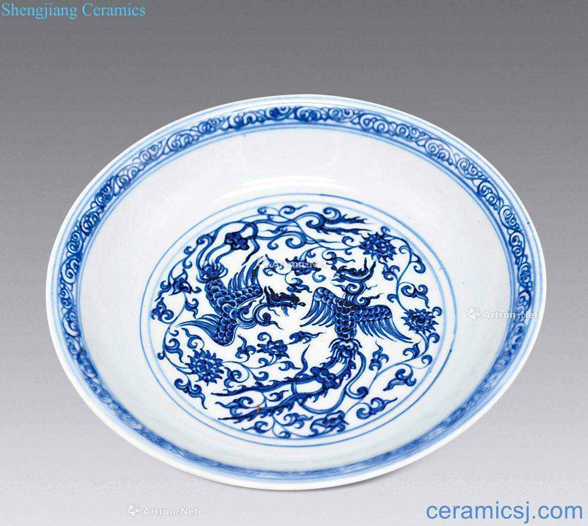 qing Blue and white double phoenix tray