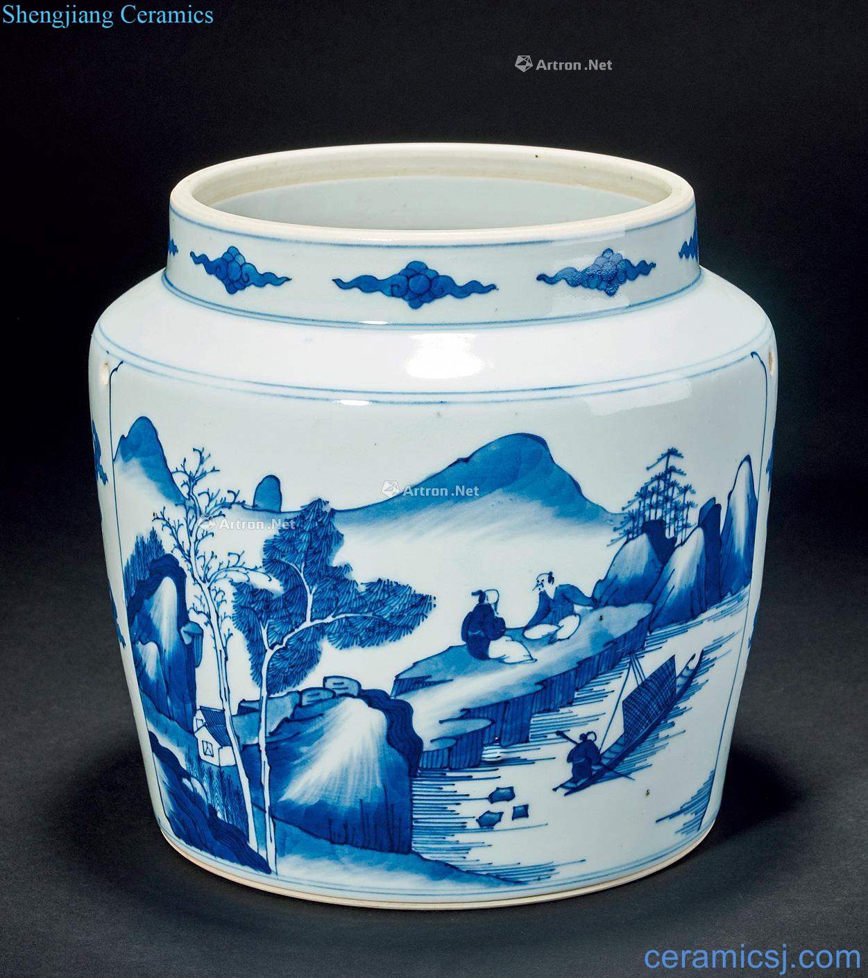 The qing emperor kangxi Blue and white landscape character porridge pot
