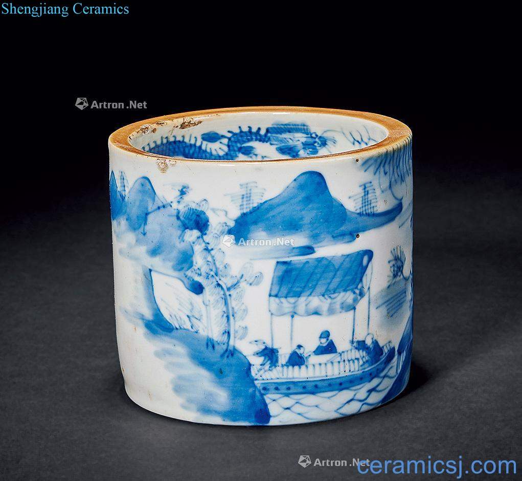 qing Blue and white landscape pen container