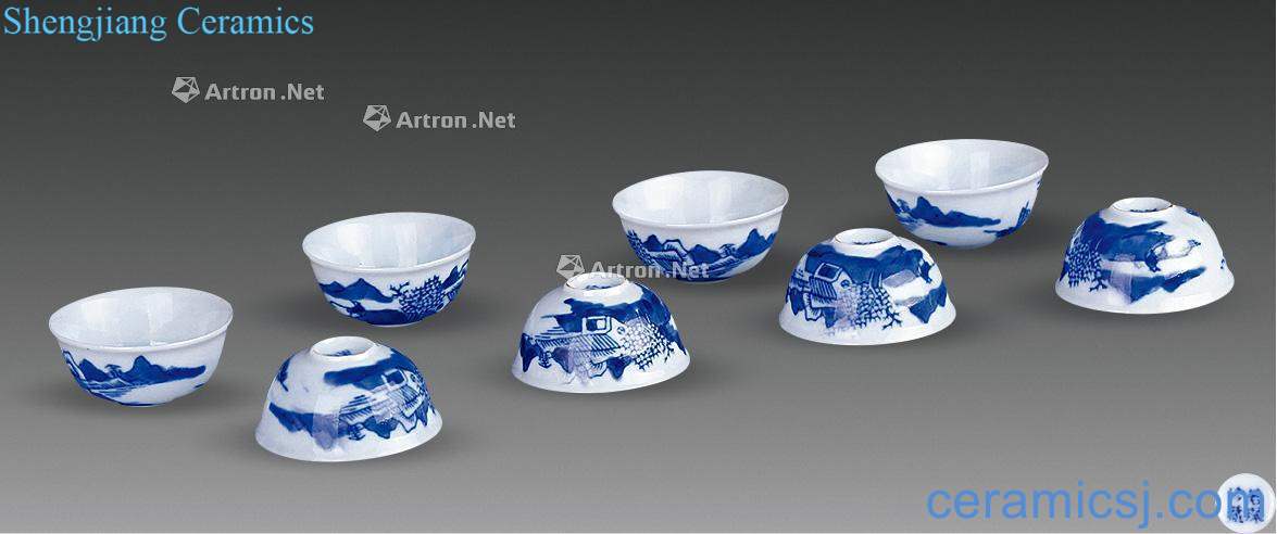Qing dynasty blue and white landscape pattern small tea (a set of eight pieces)