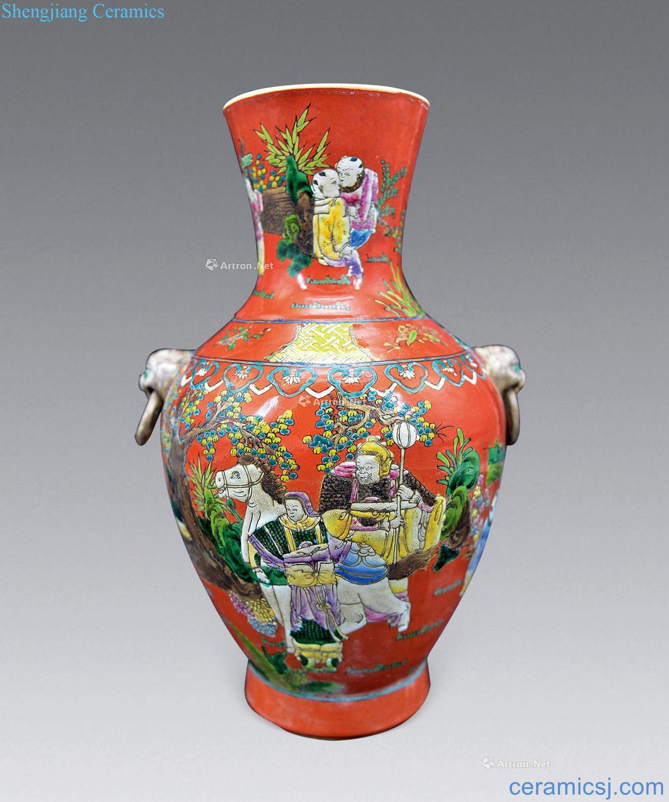 qing Wen first bottle of auxiliary coral red glaze colorful characters