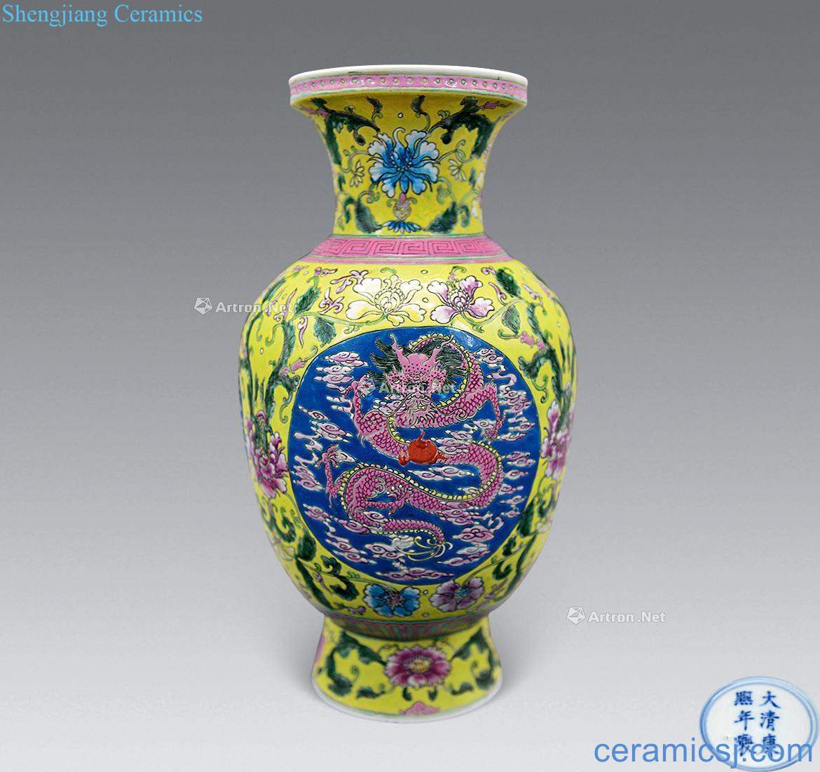 Yellow to pastel colored enamel medallion dragon bottle