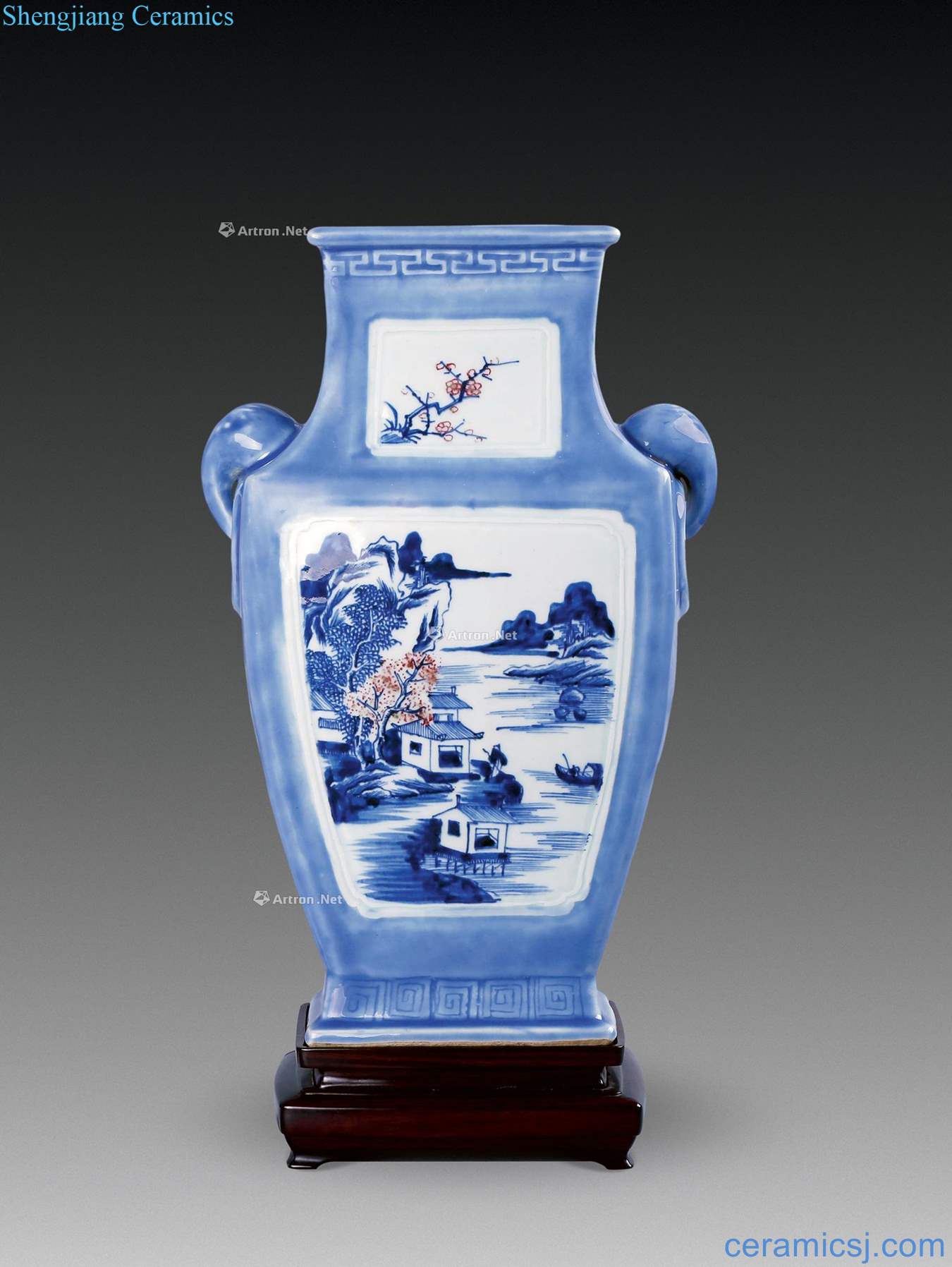 Qing dynasty blue-and-white youligong Landscape people object ears (a)