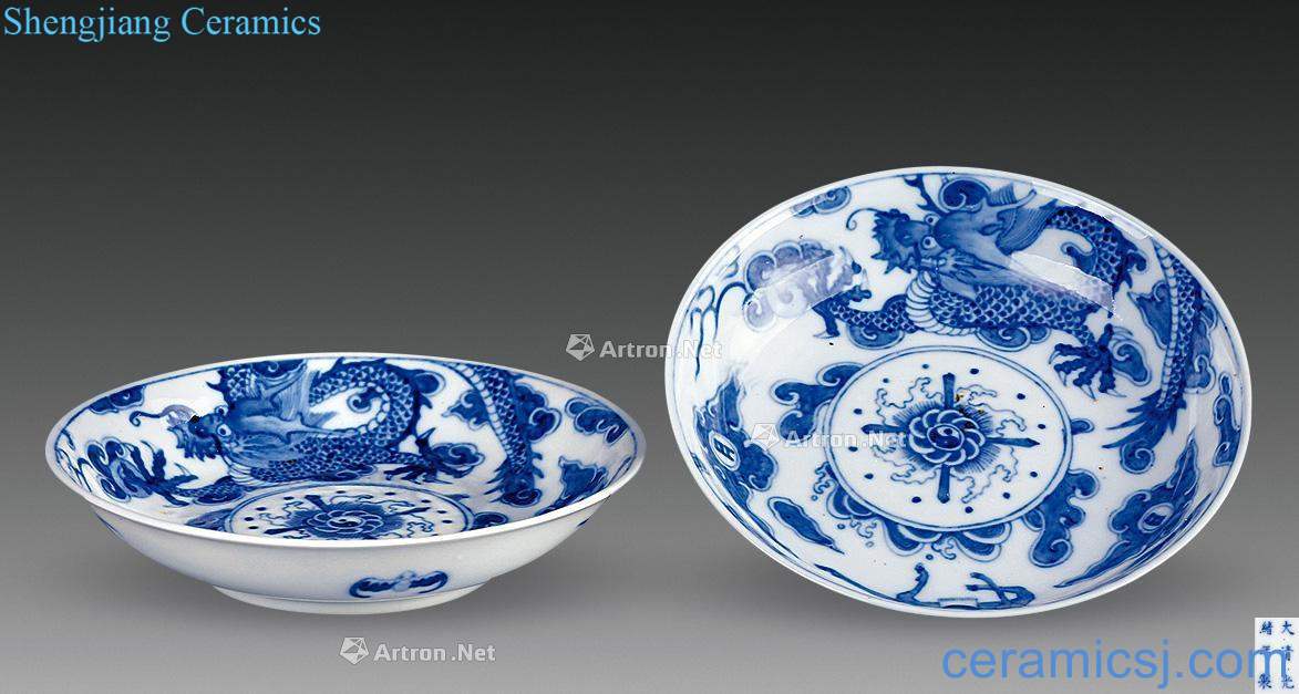 Qing guangxu dynasty blue and white Wufu dragon plate (a pair of two)
