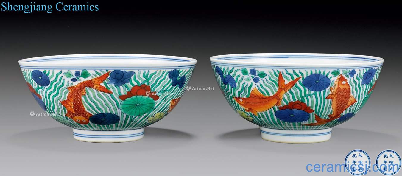The qing emperor kangxi Blue and white fish grass algae green-splashed bowls