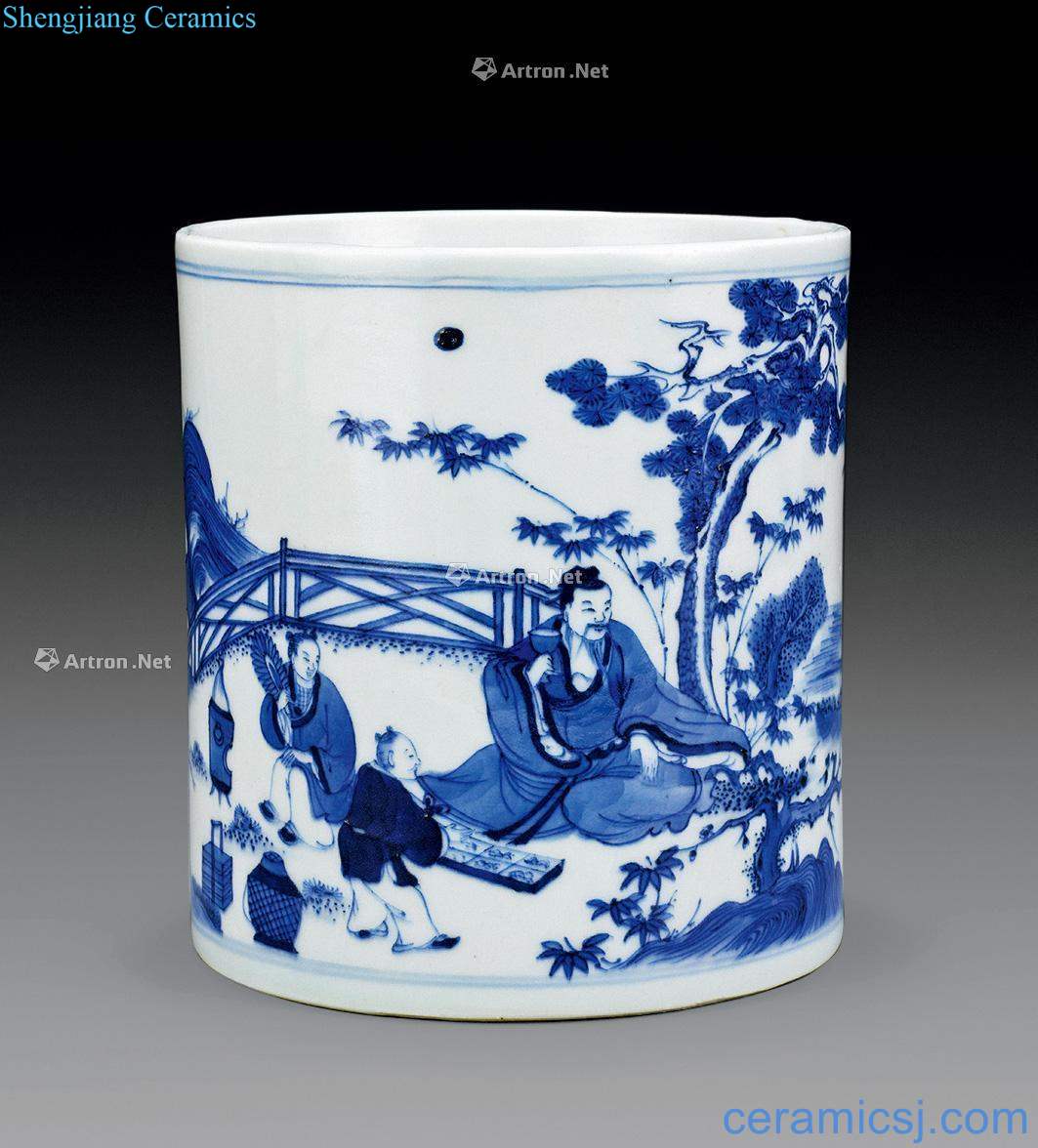 The qing emperor kangxi Blue and white landscape character brush pot