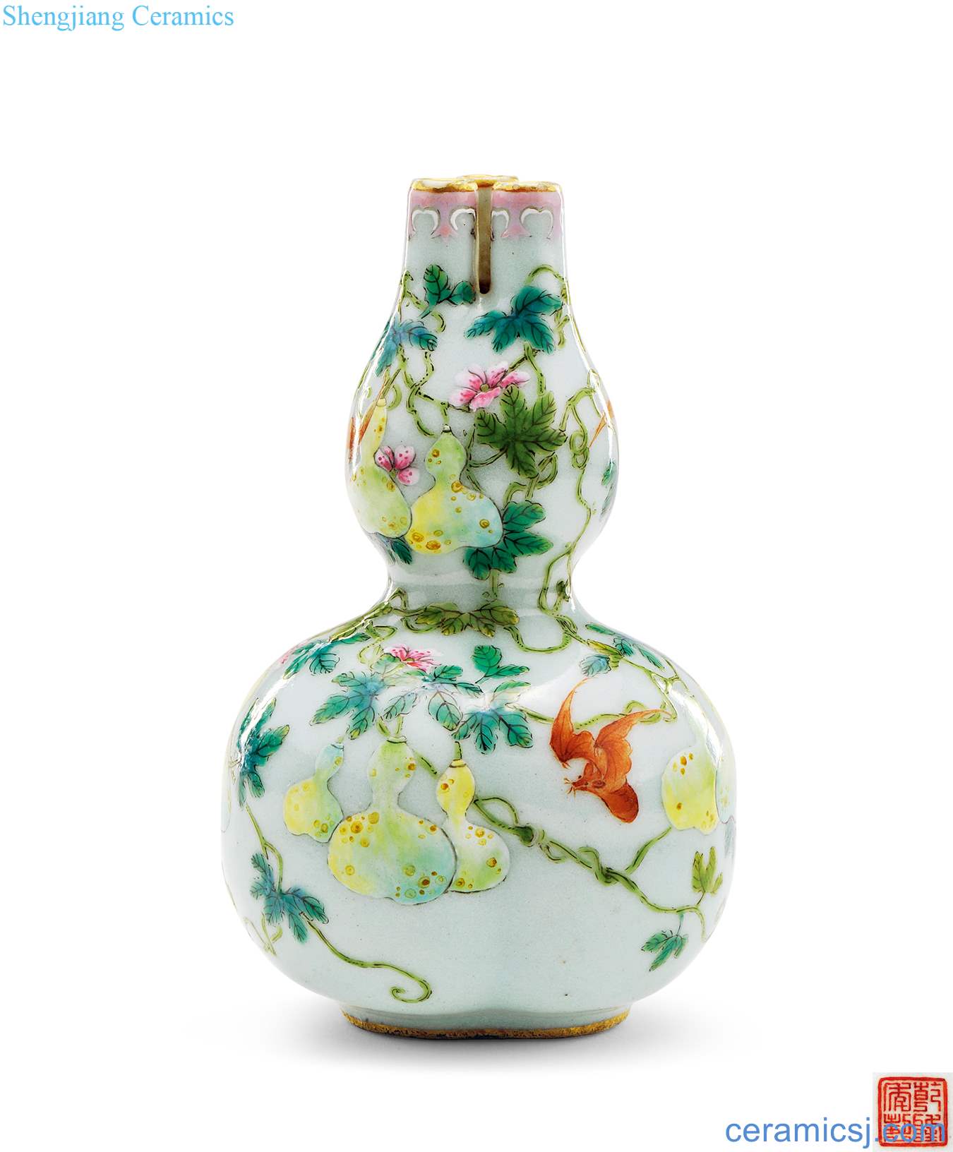 Qing qianlong pea green glaze pastel flowers sanlian gourd bottle