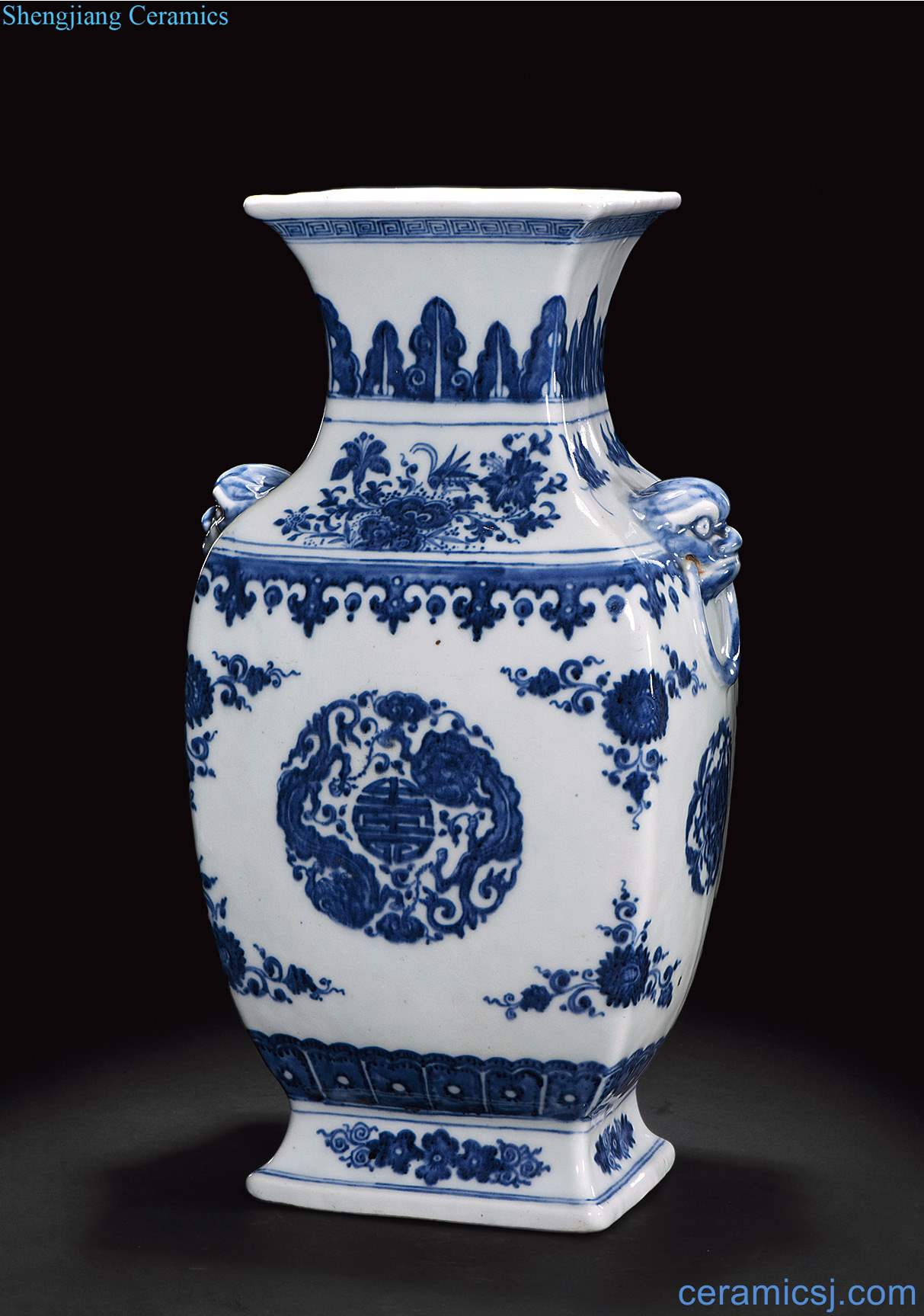 Qing qianlong Blue and white ssangyong spread the first title ring bottle with long life