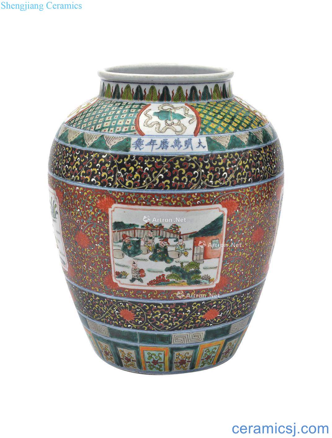 wanli Colorful medallion flower-and-bird character canister (a)