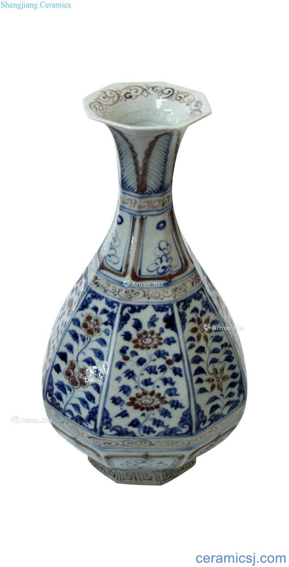 The yuan dynasty Blue and white youligong fold branch eight arrises okho spring bottle (a)
