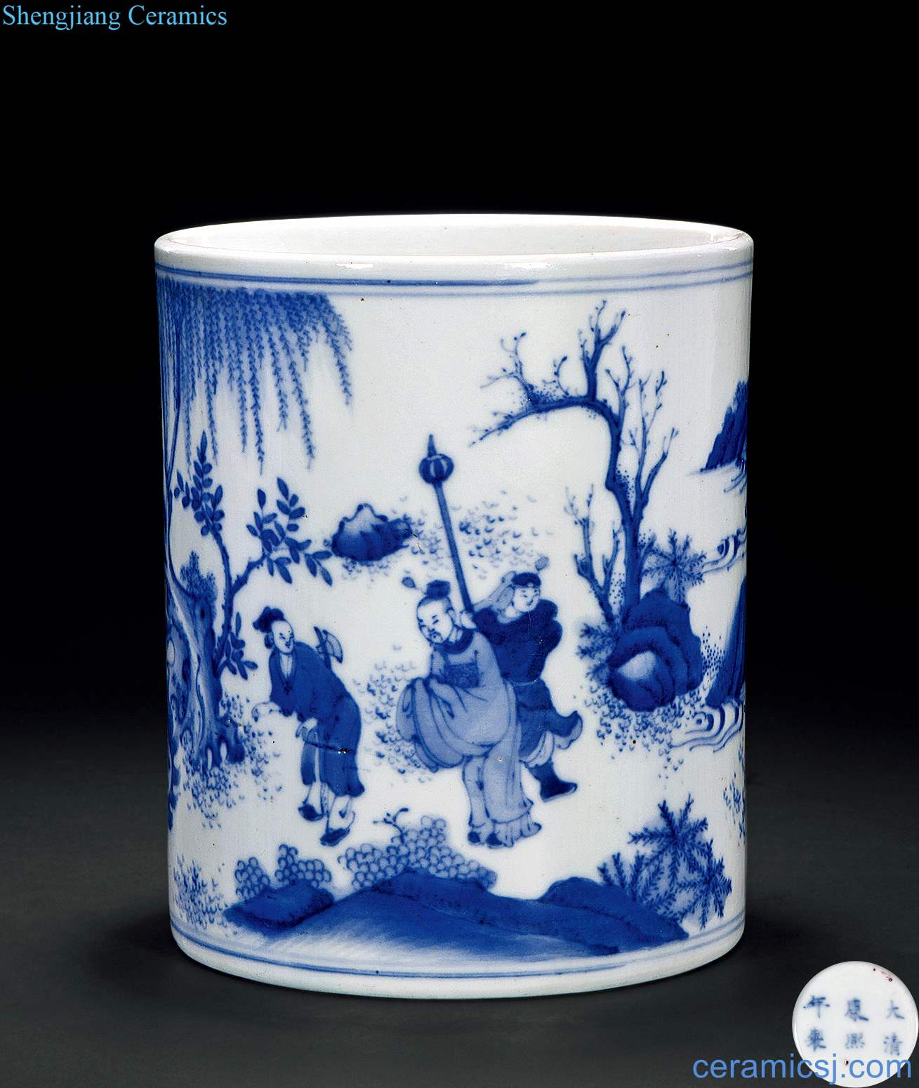 Qing guangxu Blue and white Wen Wangfang xian story brush pot