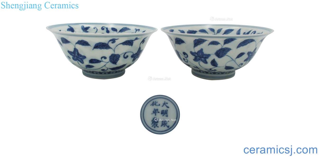 Blue and white flowers green-splashed bowls two things (a)