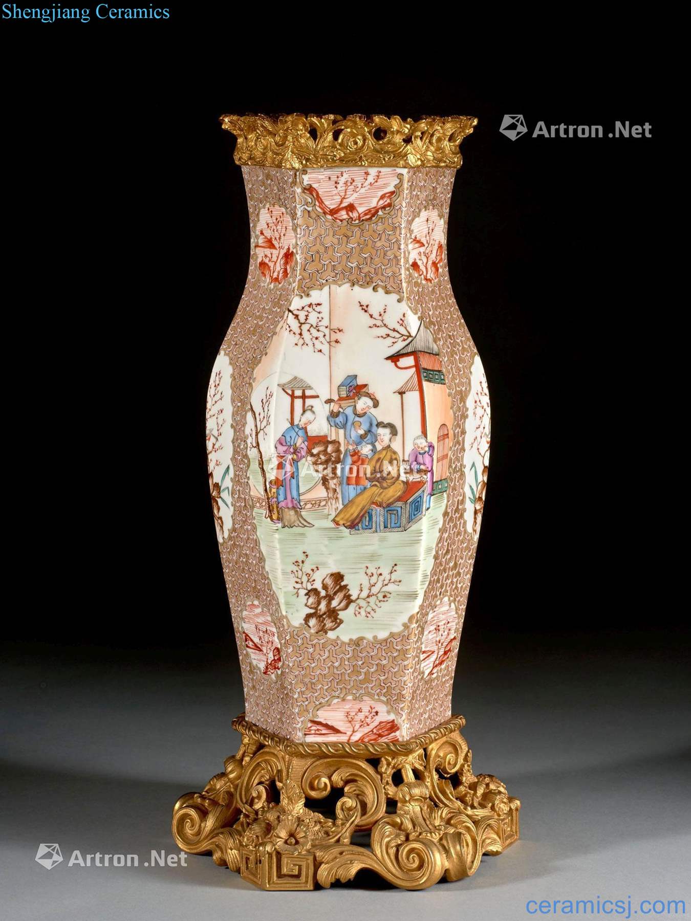 CHINA, the QING DYNASTY, 18 th CENTURY A FAMILLE ROSE ORMOLU MOUNTED HEXAGONAL PORCELAIN VASE