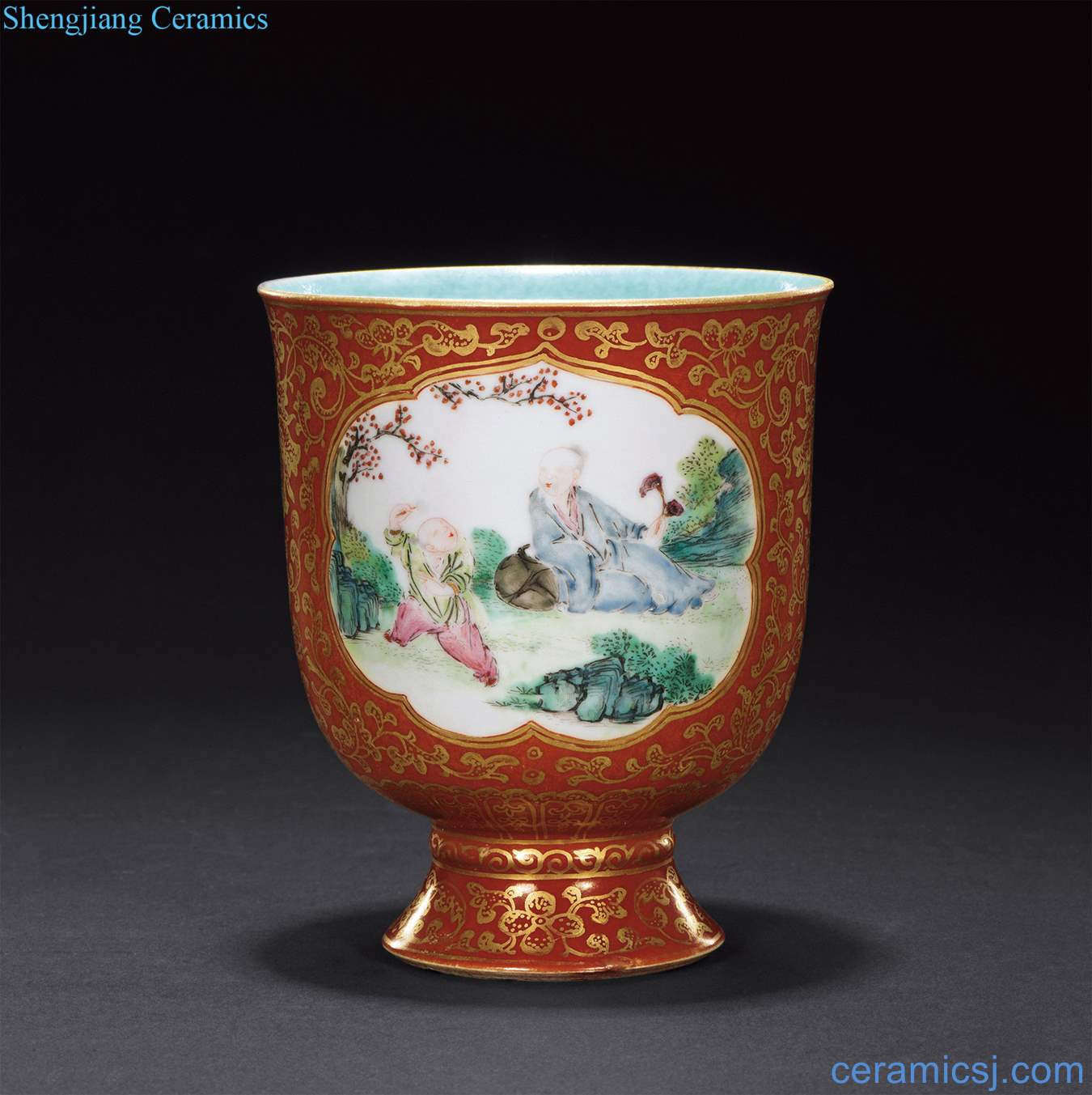 Qing qianlong coral red paint medallion pastel footed cup