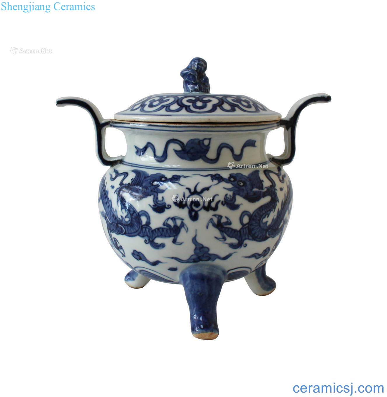 yuan Blue and white YunLongWen incense burner (with cover) (a)