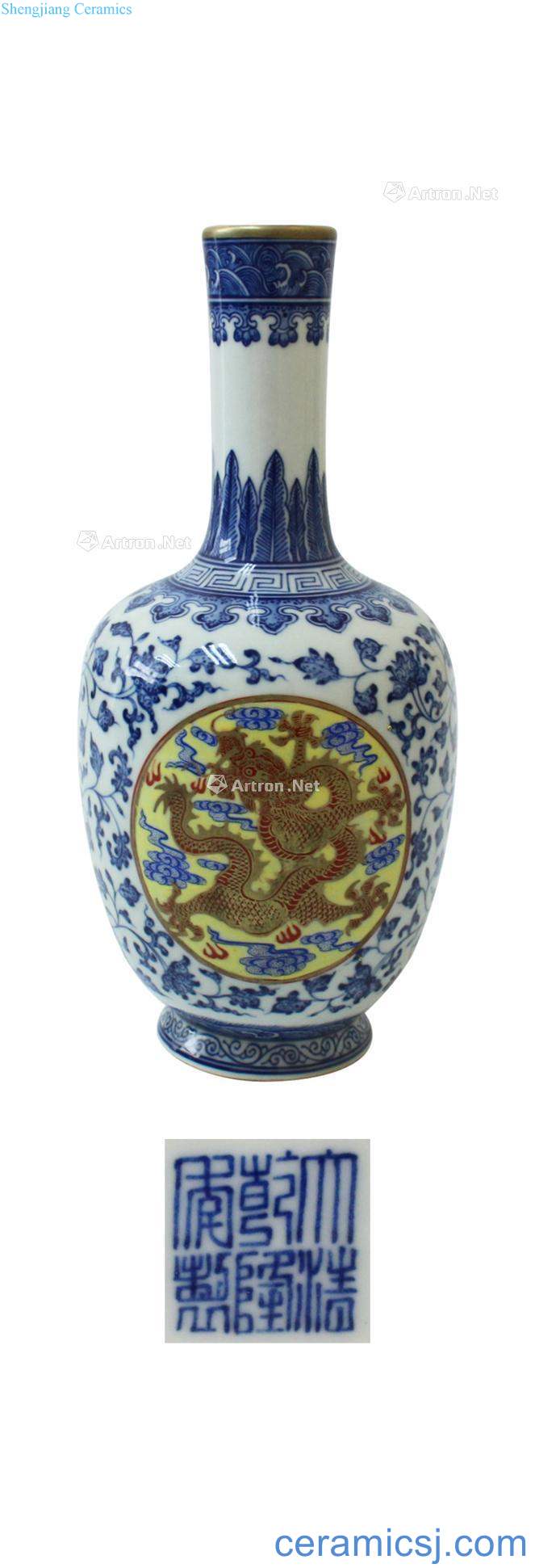 Blue and white colour dragon medallion famille rose straight flask (a)