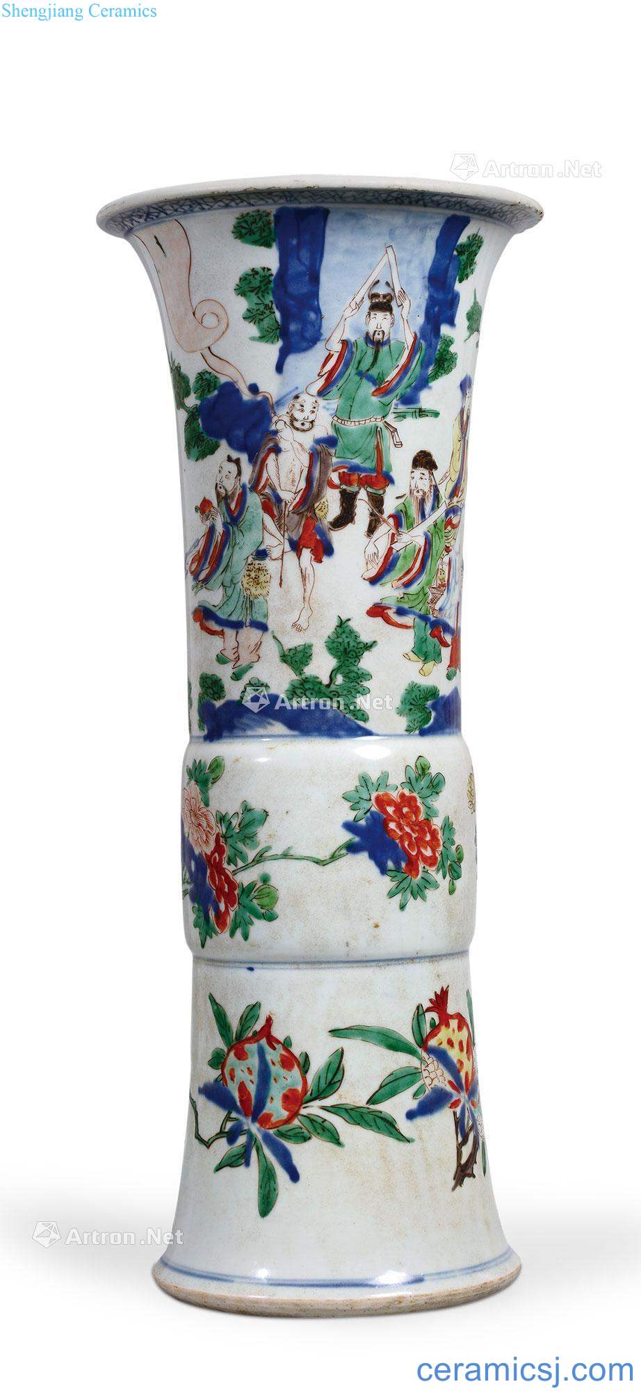 The qing emperor kangxi Blue and white colorful eight immortals birthday figure vase with flowers