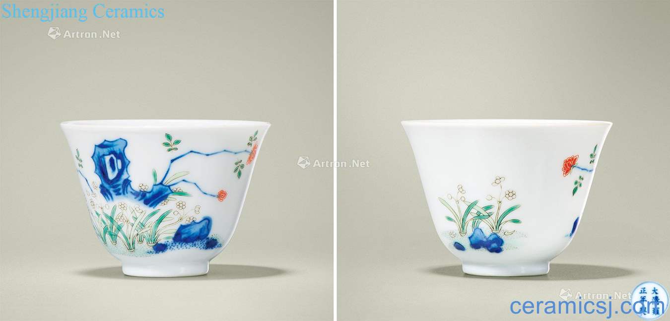 Qing yongzheng Blue and white colorful flora cup