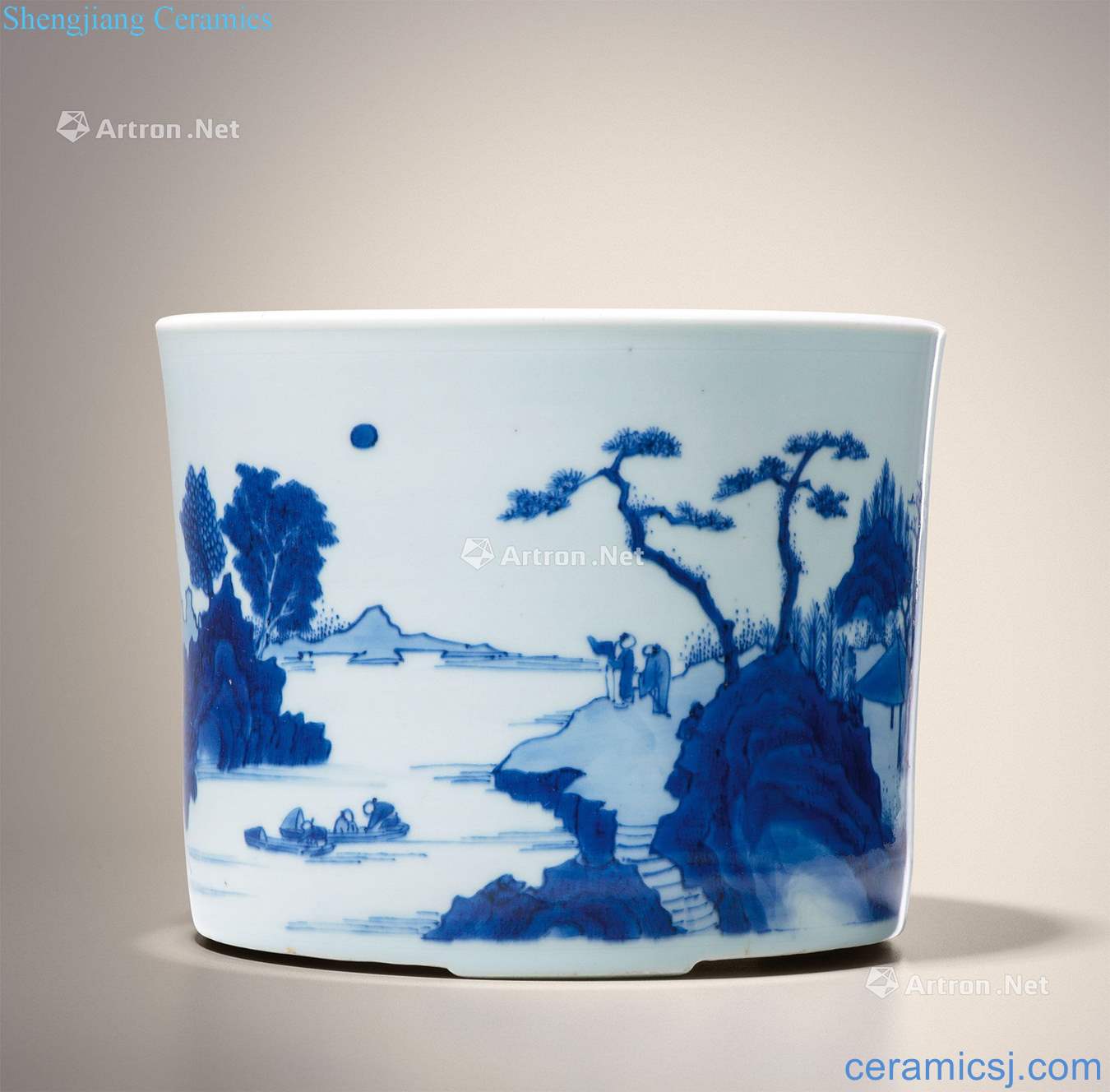 The qing emperor kangxi Blue and white landscape character big brush pot