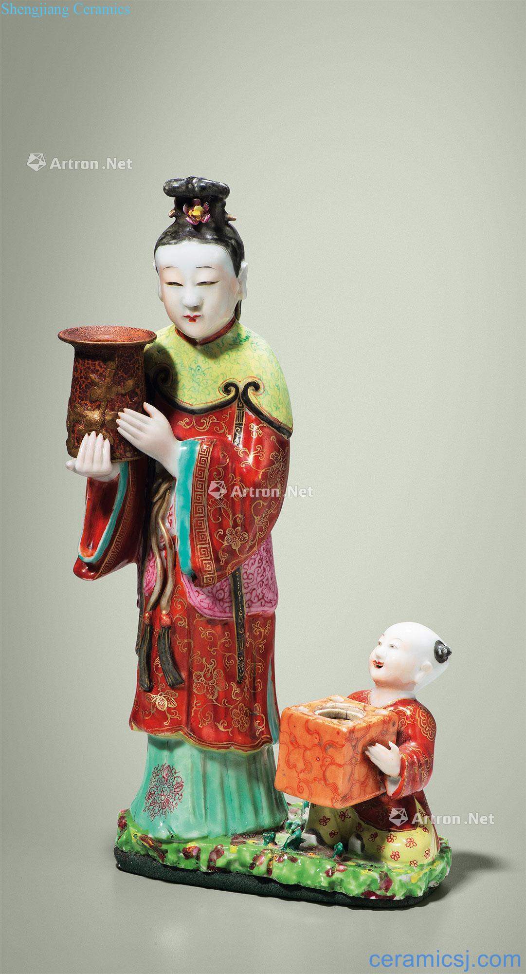 Mid qing famille rose porcelain carving flower lady baby play