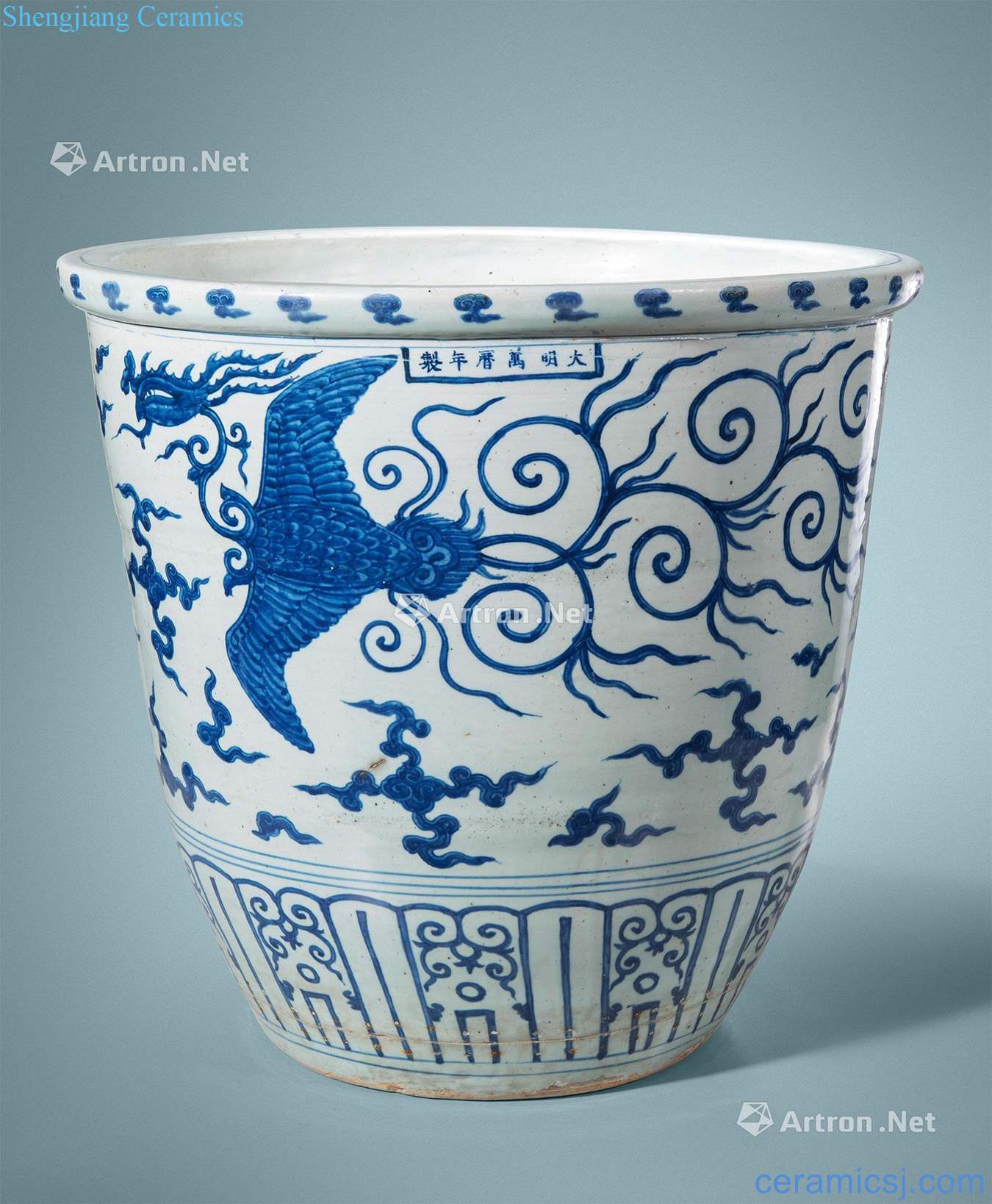 Ming wanli Blue and white double phoenix grain big crock