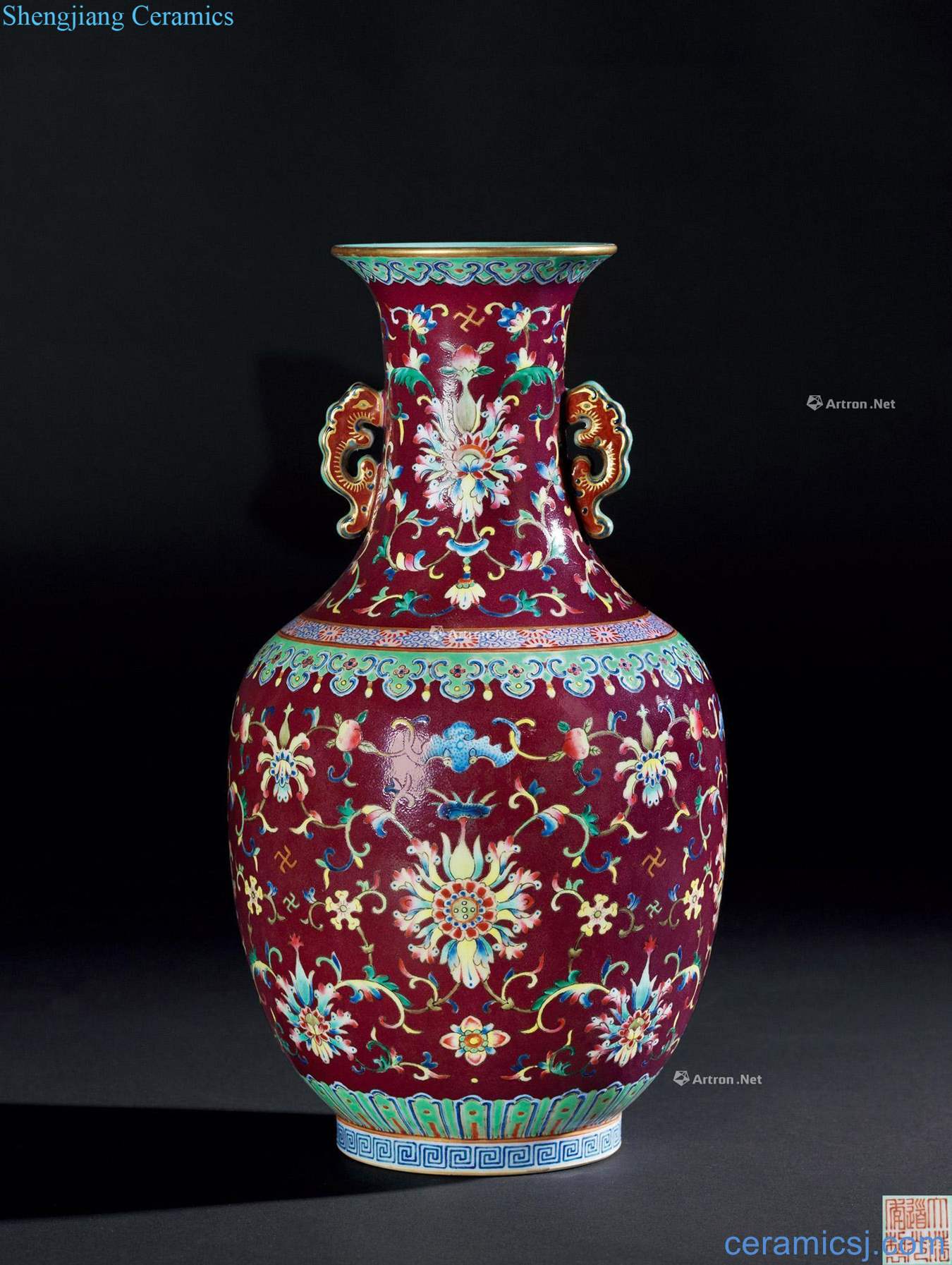 Qing daoguang Rouge purple to enamel vase with a lotus flower grain double therefore