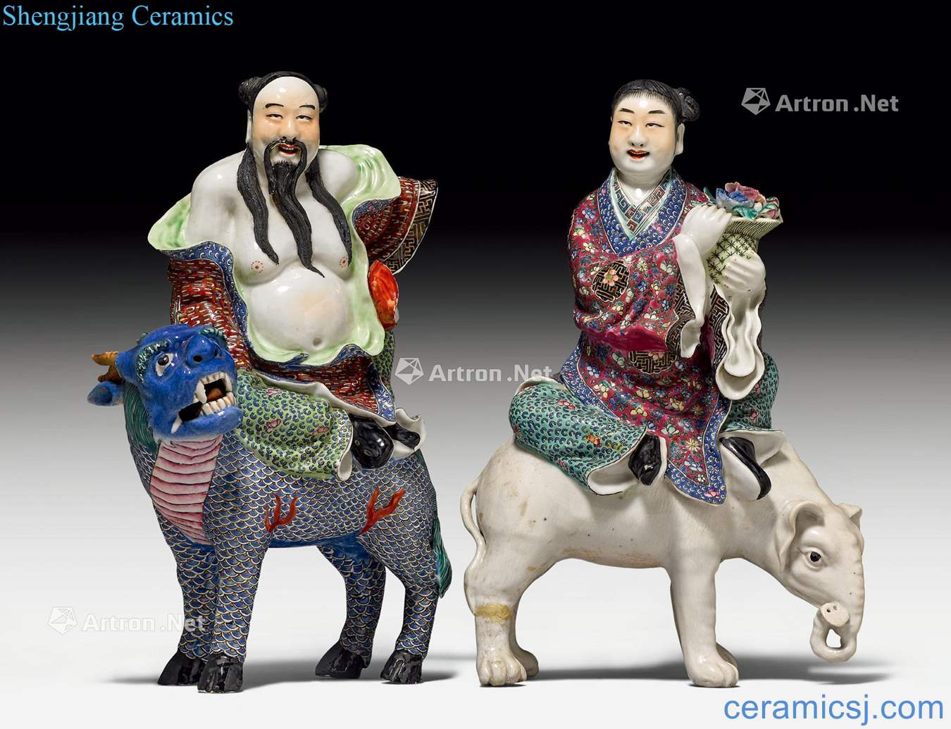 Newest THE Qing dynasty TWO FAMILLE ROSE FIGURES OF THE DAOIST IMMOR - TALS LAN CAIHE AND ZHONGLI QUAN, RIDING AN ELEPHANT AND A QILIN.
