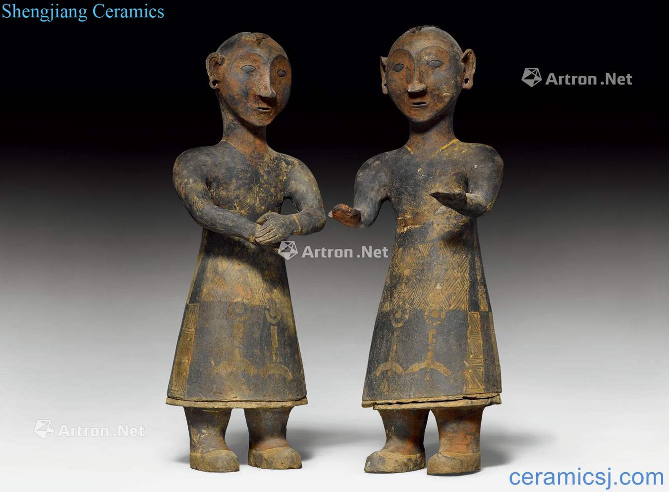 Chu culture TWO POLYCHROME made TWO - PART POTTERY FIGURES.