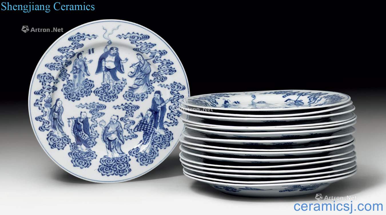 Daoguang period 17 BLUE AND WHITE "IMMORTALS" DISHES.