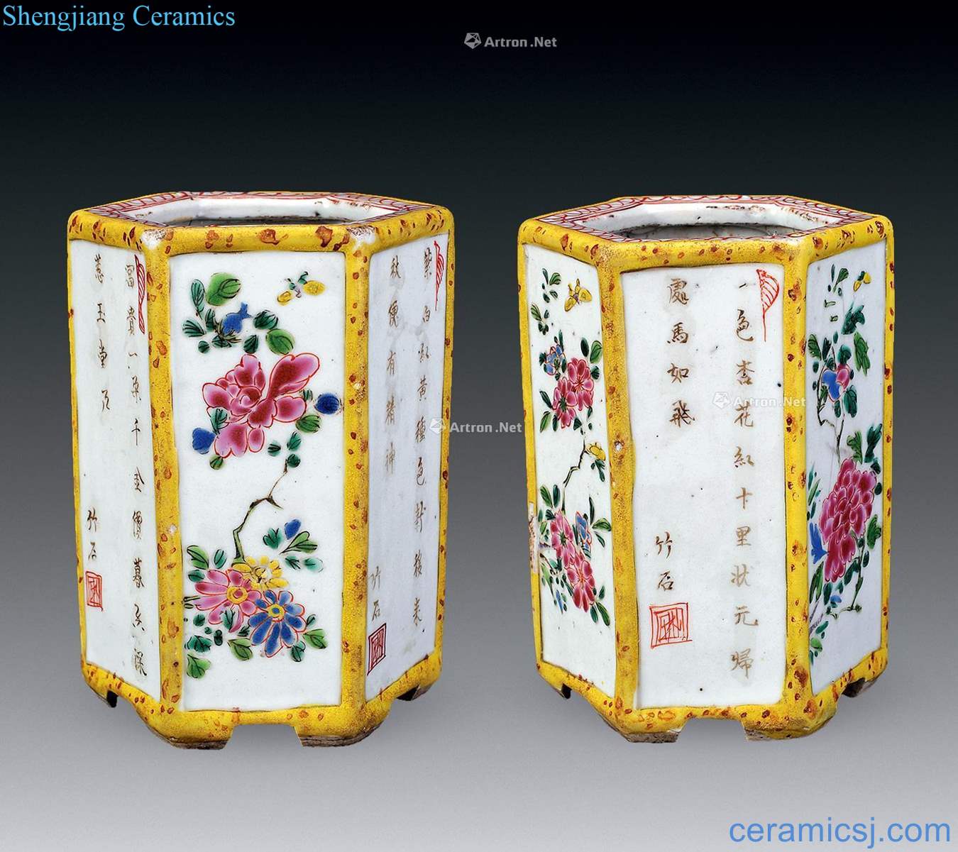 Qing yongzheng famille rose porcelain six-party brush pot (single)
