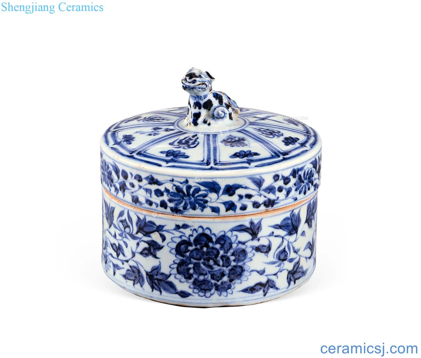 yuan Blue and white peony grain squat lion button cover box