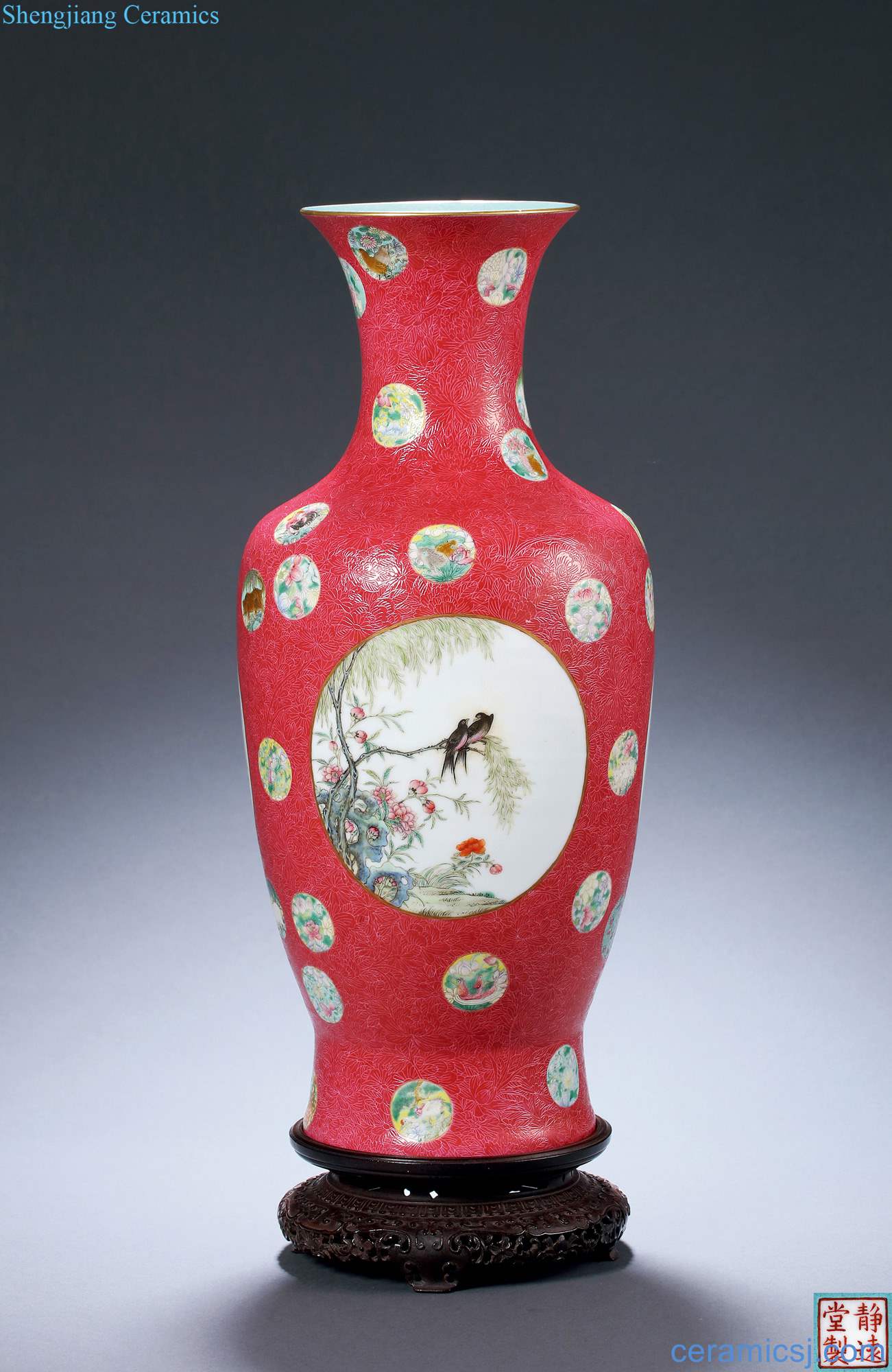 Qing carmine red glaze rolling bottle famille rose medallion and flowers and birds