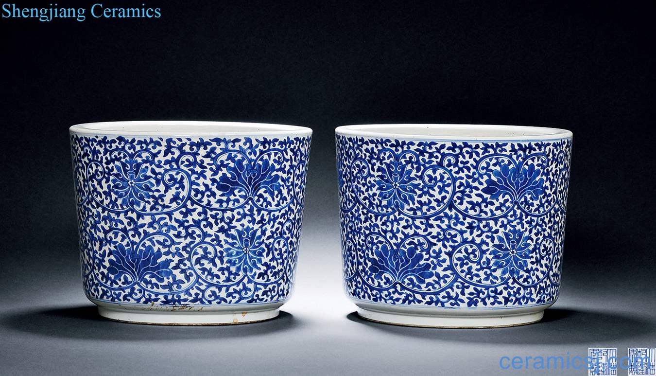 In late qing dynasty Blue and white tie up lotus flower grain flowerpot (a)