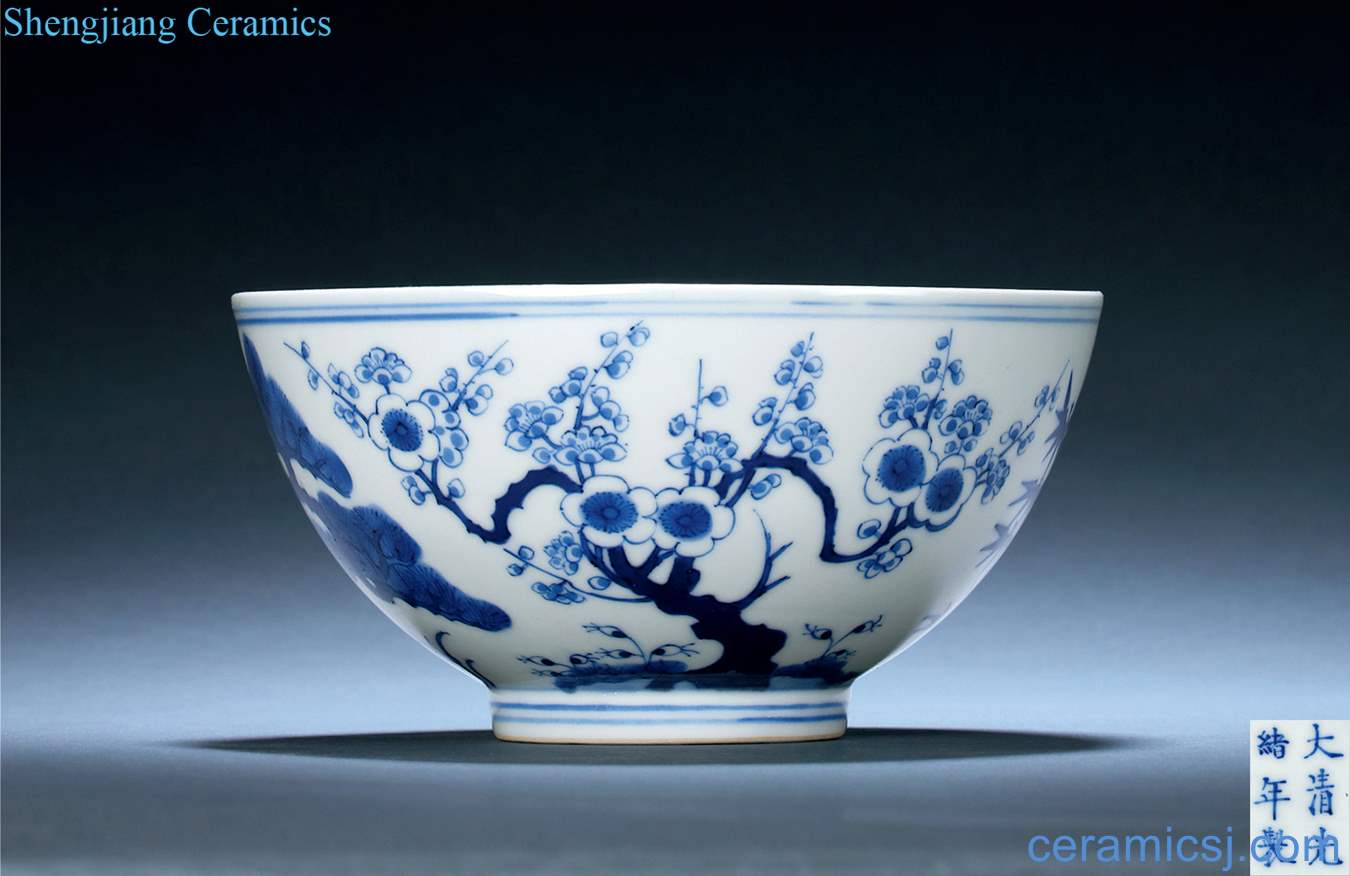 In late qing dynasty Blue and white shochiku mei bowl