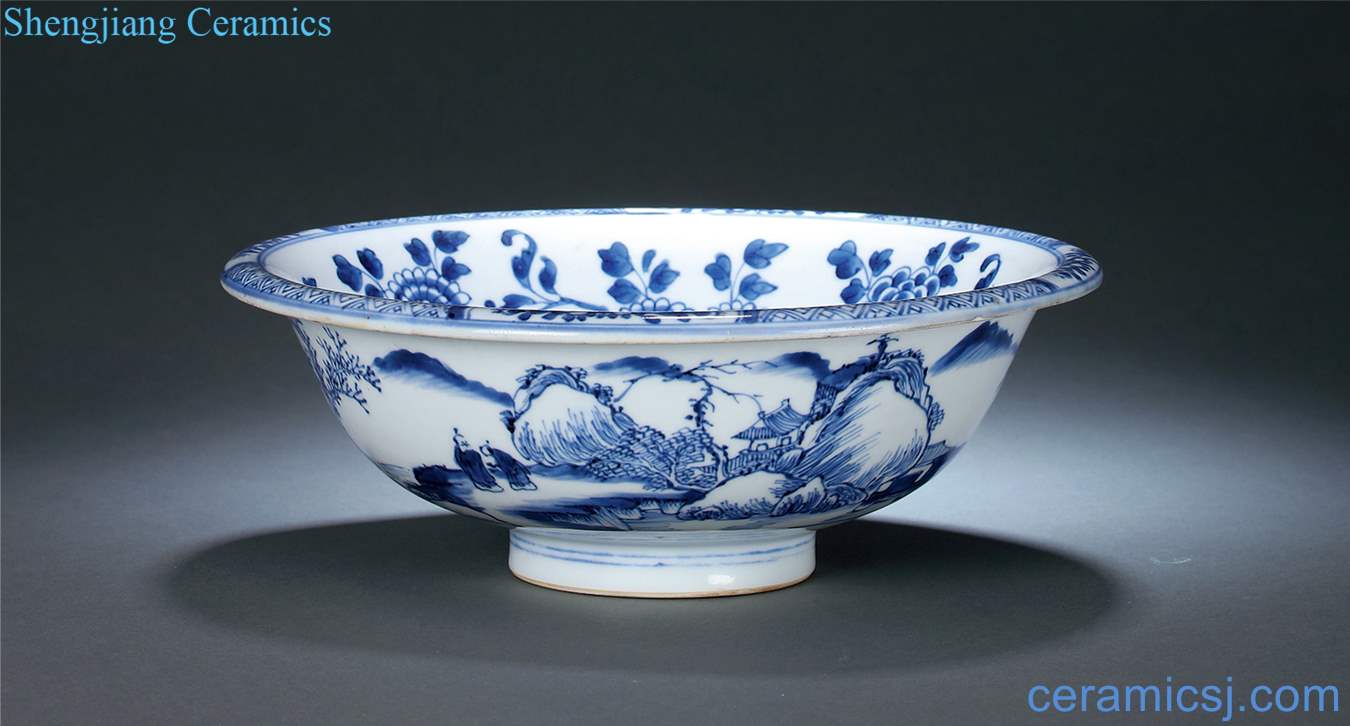 The qing emperor kangxi Blue and white landscape within the branch flowers large bowl