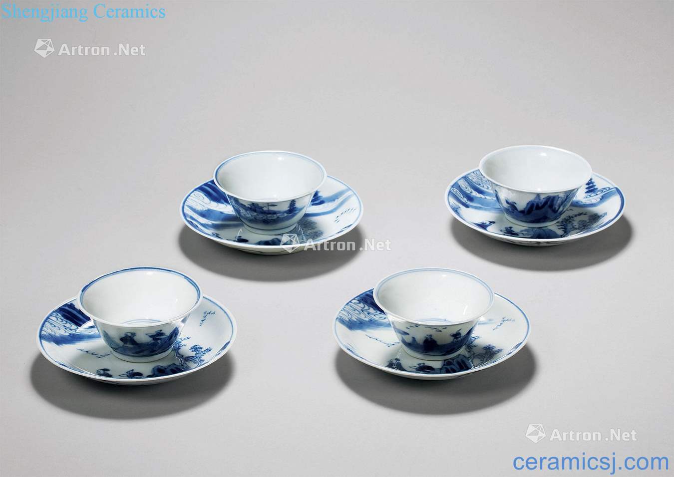 The qing emperor kangxi Blue and white landscape character four cups of Joe (a set of eight pieces of four groups)
