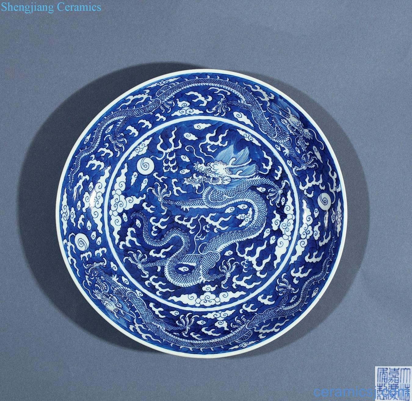 Qing jiaqing Blue blue dragon plate