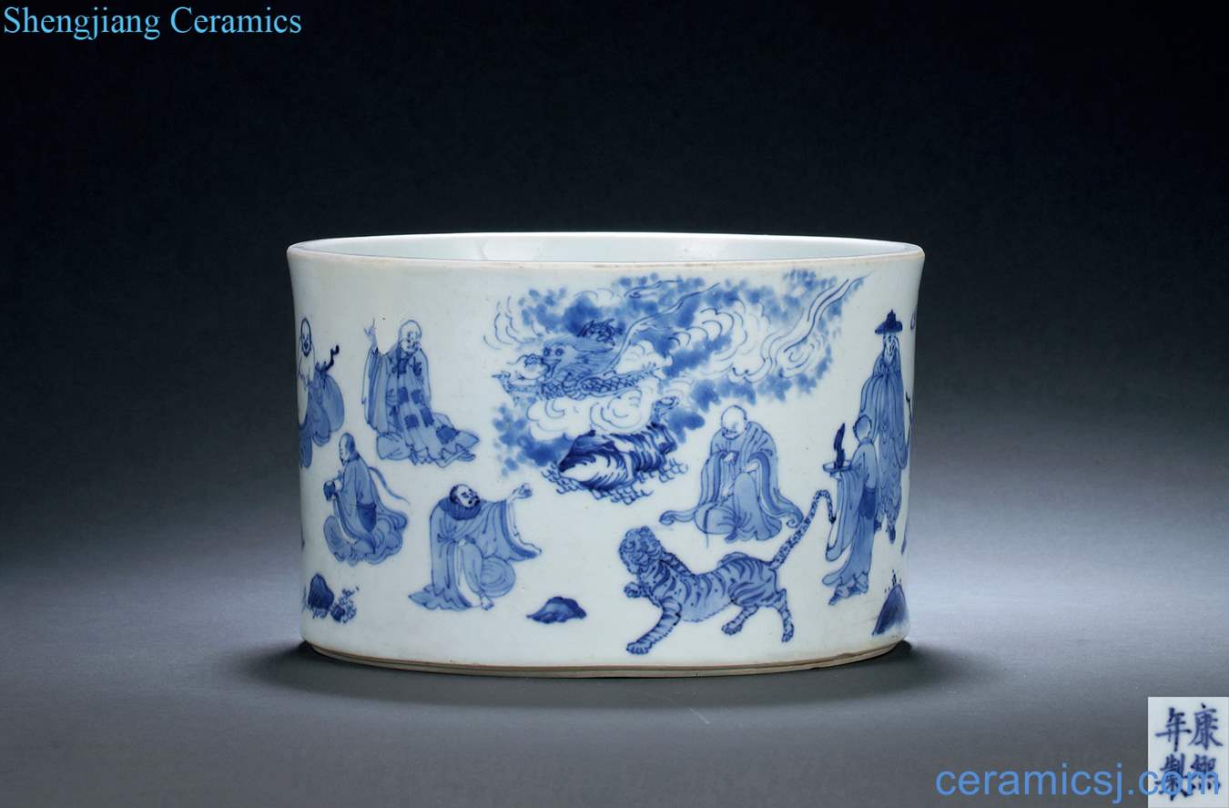 The qing emperor kangxi Blue and white 18 Luo Hantu pen container