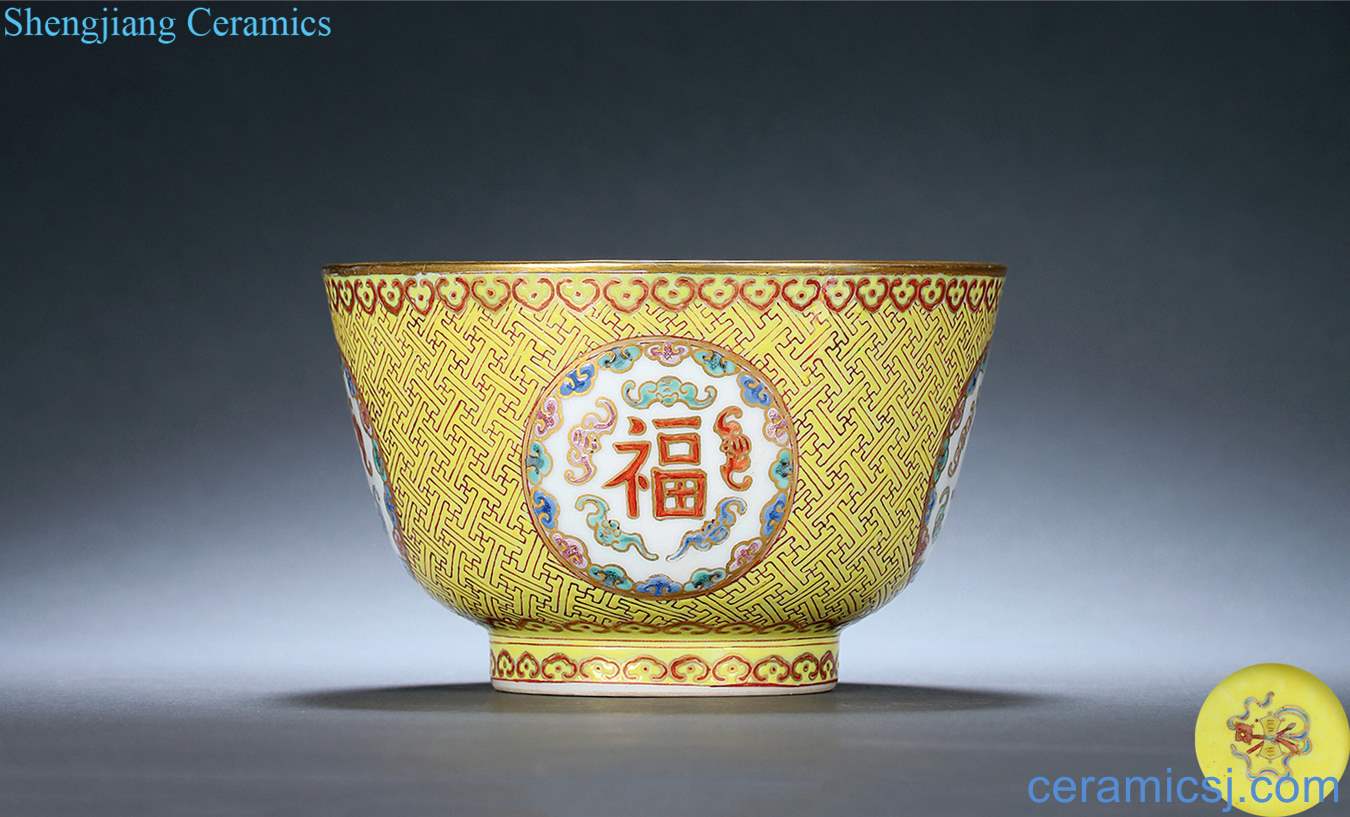dajing Inside and outside the pastel yellow word lines medallion "ferro ShouXi" green-splashed bowls
