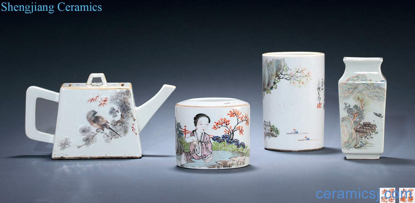 In late qing shallow purple color, carved porcelain teapot, brush pot, bottle, water jar (four pieces)