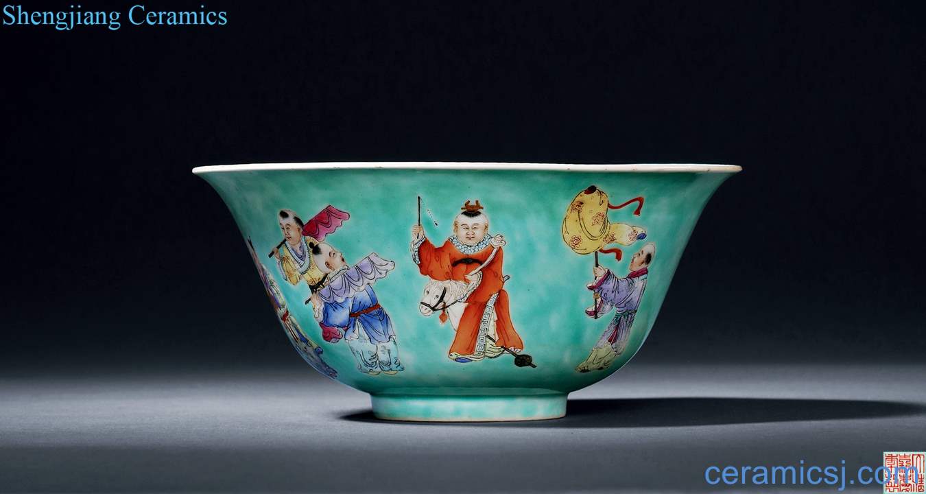 Qing jiaqing Turquoise glaze enamel inside and outside the infant play figure large bowl