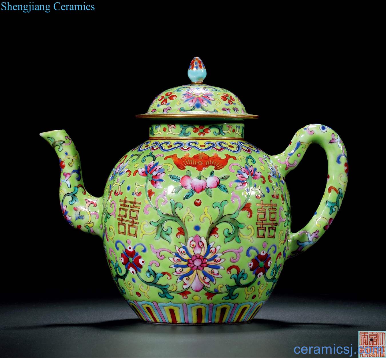 Qing jiaqing green pastel passionflower grain teapot "double happiness"