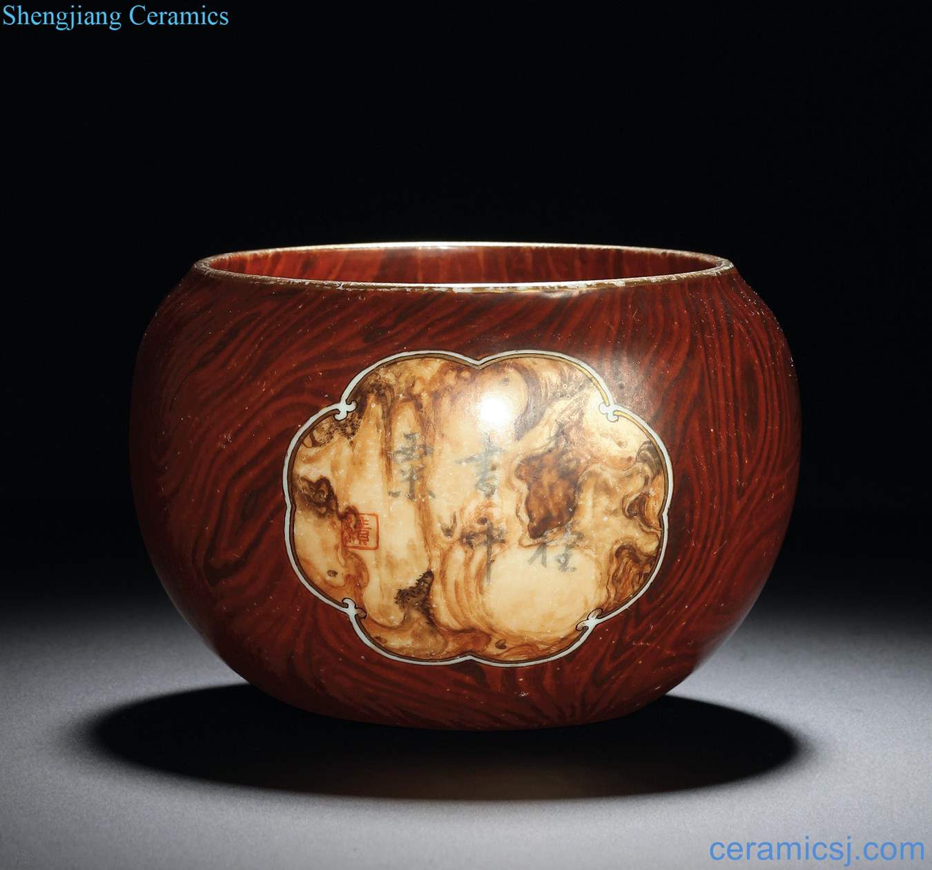 Qing qianlong B system imitation wood glaze medallion color ink poems bowl