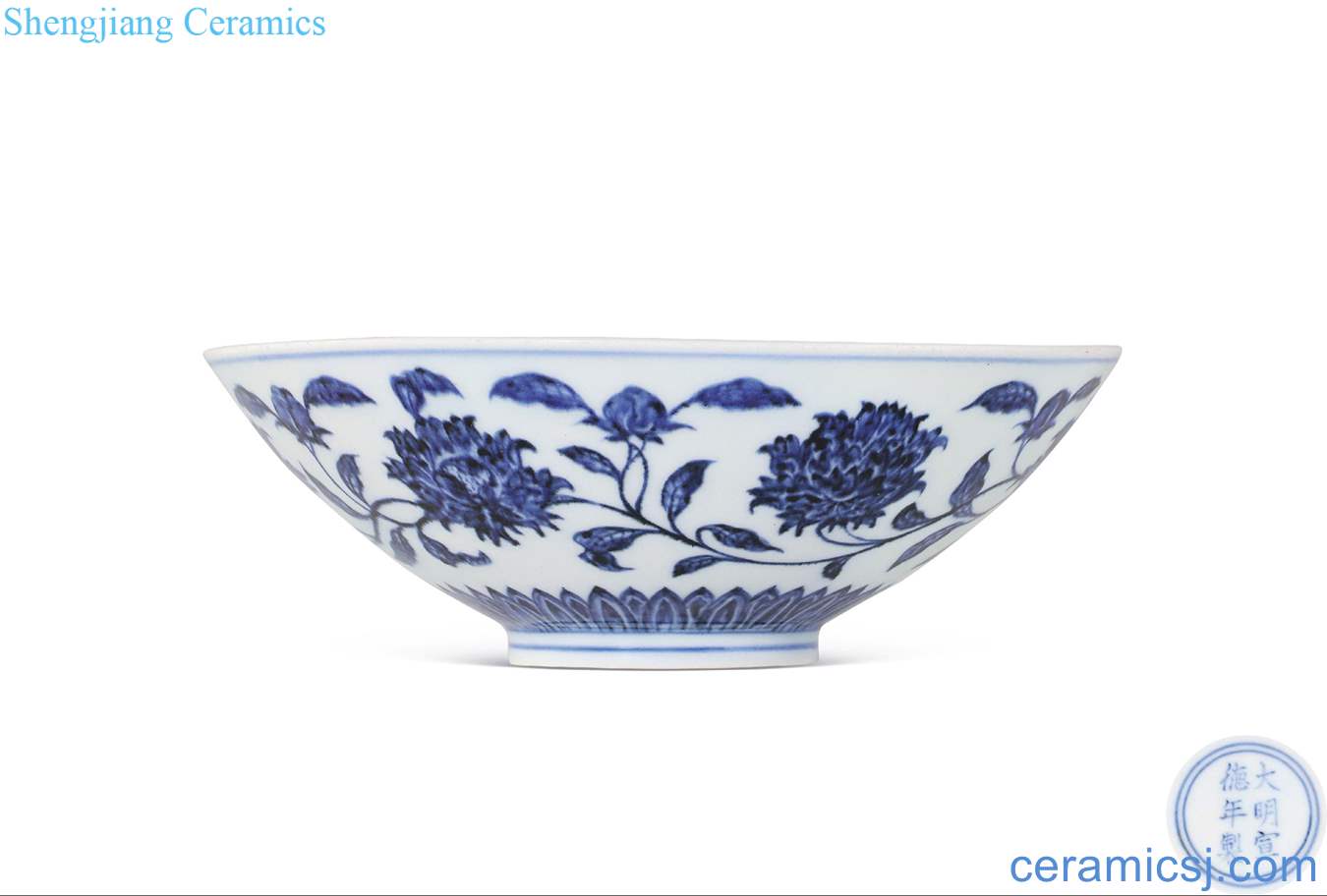 Ming xuande Blue and white tie up branch peony stamps in dai li type bowl