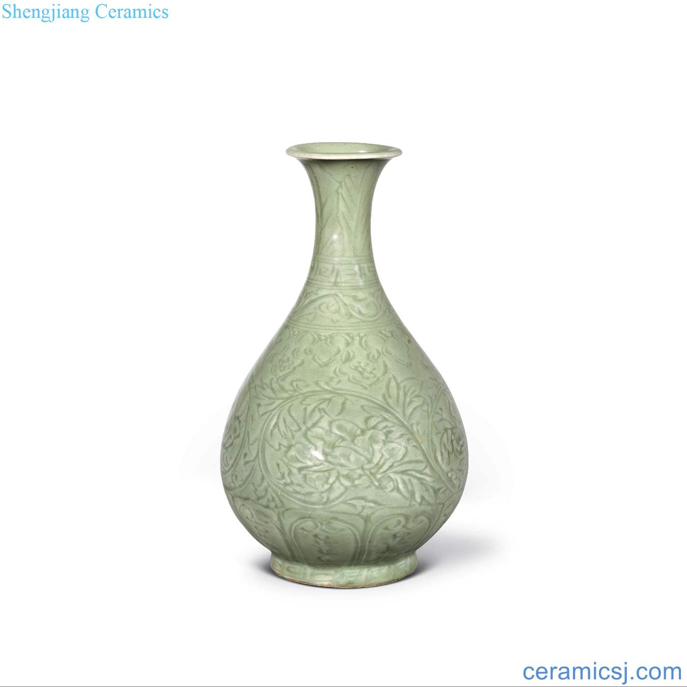 Ming yongle Longquan celadon carved carved peony lines okho spring bottle