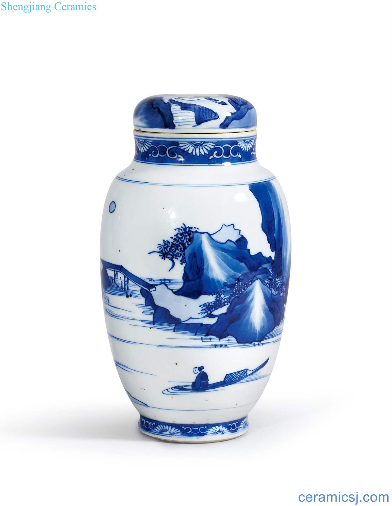 The qing emperor kangxi Blue and white landscape boat tougue cans